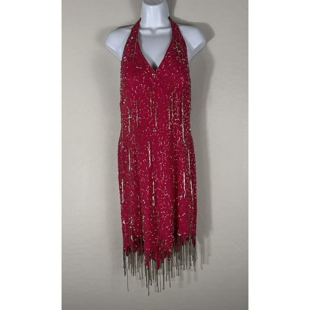 VTG 90’s Y2K I. Magnin Hot Pink Beaded‎ Tassel Bombshell Dress 4 Mermaid 00’s